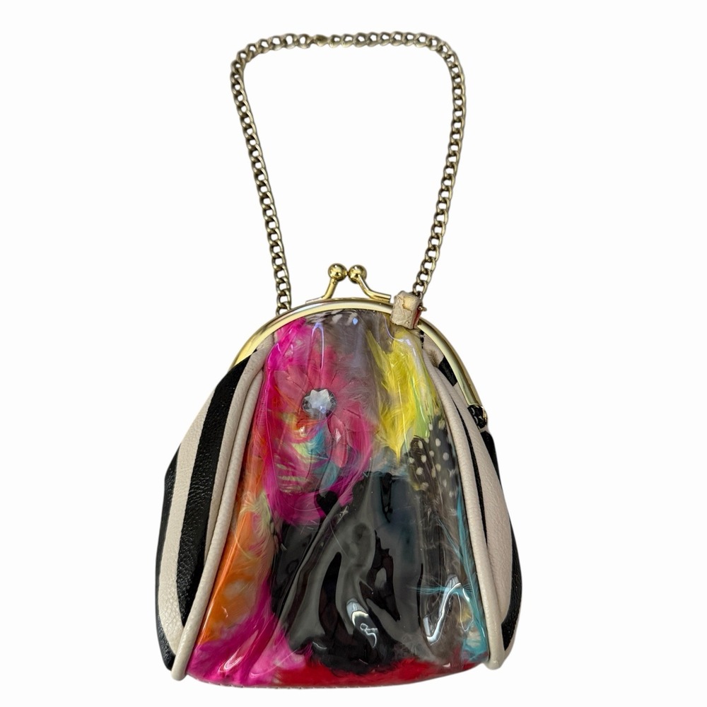 Betsey Johnson Novelty Bag Clear Feather Flower Kiss Lock Chain Purse Y2K